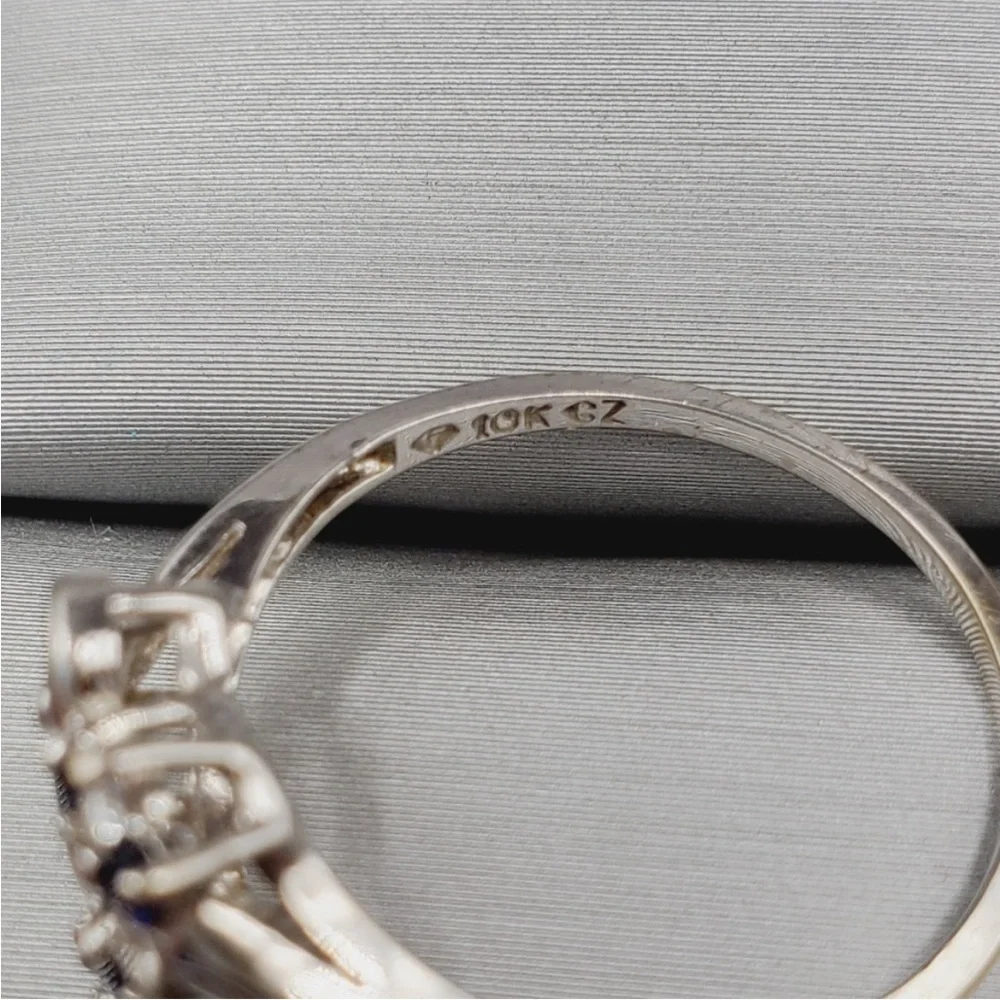 10k Solid White Gold Genuine Blue Sapphire & Simulated Diamond Heart Ring